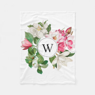 Vintage White & Pink Magnolia Flowers Monogram Fleece Blanket