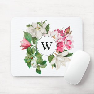 Vintage White & Pink Magnolia Flowers Monogram Mouse Pad