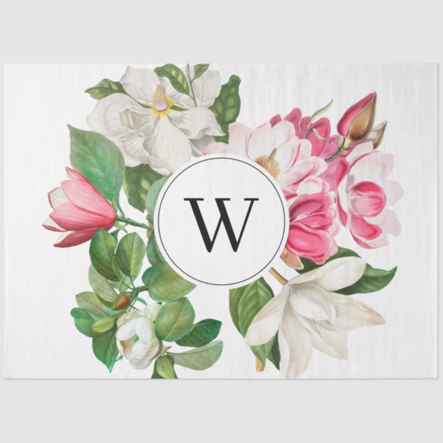 Vintage White & Pink Magnolia Flowers Monogram Tissue Paper (Front)