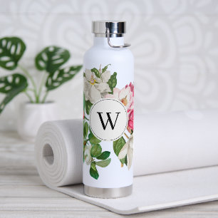Vintage White & Pink Magnolia Flowers Monogram Water Bottle