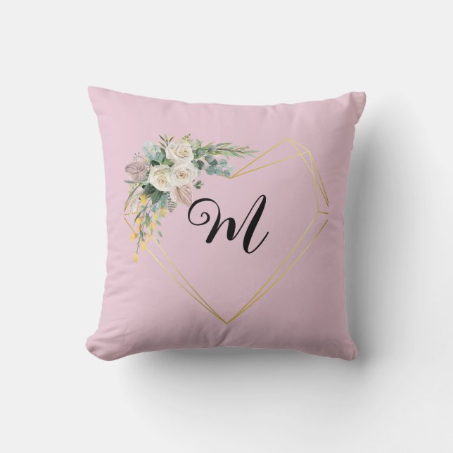 Vintage White Pink Roses Golden Heart Monogram  Cushion (Front)