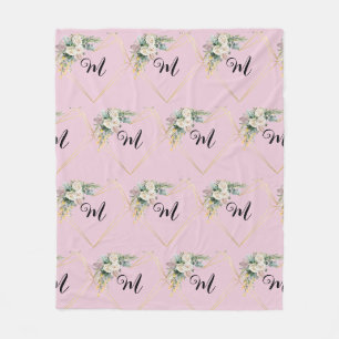 Vintage White Pink Roses Golden Heart Monogram Fleece Blanket