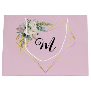 Vintage White Pink Roses Golden Heart Monogram  Large Gift Bag