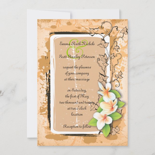 Vintage white plumeria ivy orange invitation (Front)