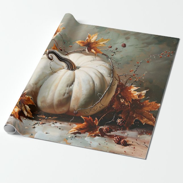 Vintage White Pumpkin Painting Decoupage Wrapping Paper (Unrolled)