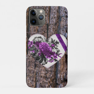 Vintage White Purple Floral Heart on Dark Wood La Case-Mate iPhone Case