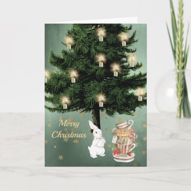 Vintage White Rabbit Cups Tree Christmas Holiday Card (Front)