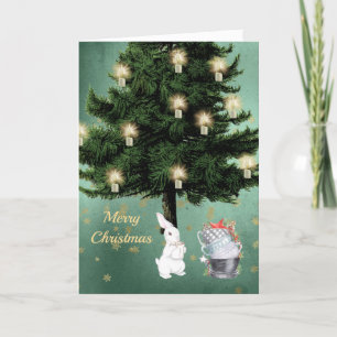 Vintage White Rabbit Tree Christmas Holiday Card