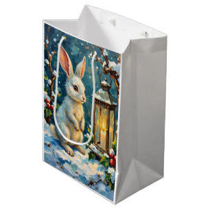 Vintage White Rabbit with Christmas Lantern Medium Gift Bag
