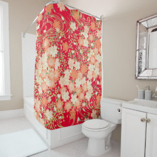 Vintage White Red Japanese Kimono Floral Floral Shower Curtain