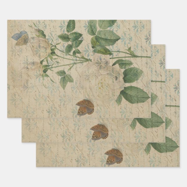 Vintage White Rose and Butterfly Wrapping Paper Sheet (Set)