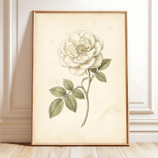 Vintage White Rose Boho Botanical Print