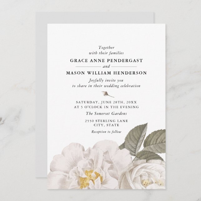 Vintage White Rose Botanical Floral Wedding Invitation (Front/Back)