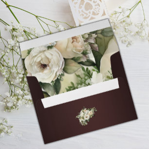 Vintage White Roses and Dark Burgundy Wedding Envelope