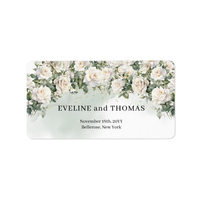 Vintage white roses and greenery foliage wedding label (Front)