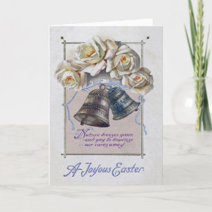 Vintage White Roses Bells Antique Easter Holiday Card