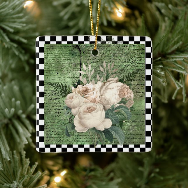 Vintage White Roses & Checkerboard  Ceramic Ornament (Tree)