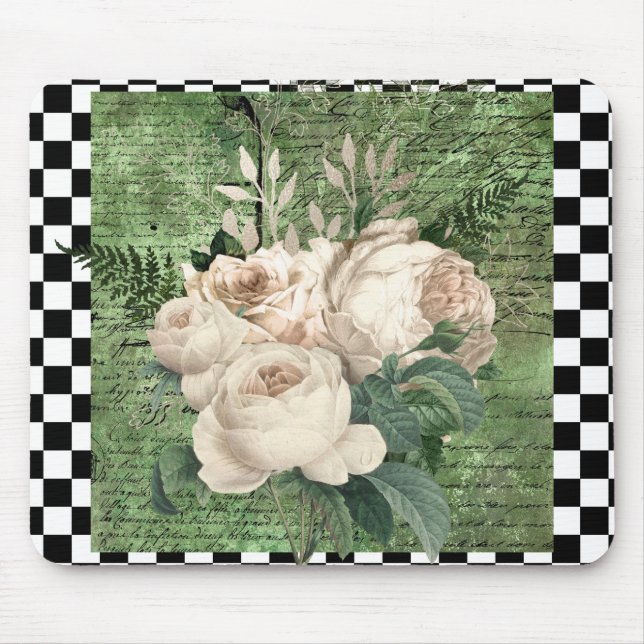 Vintage White Roses & Chequerboard  Mouse Pad (Front)