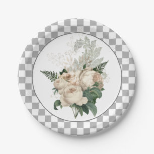 Vintage White Roses Chequerboard Paper Plate