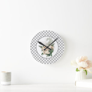 Vintage White Roses Chequerboard Round Clock