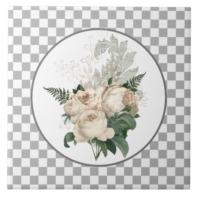 Vintage White Roses Chequerboard  Tile (Front)