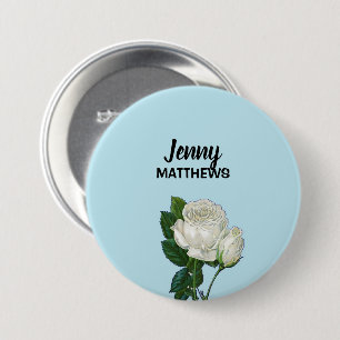 Vintage white roses custom name on blue 7.5 cm round badge