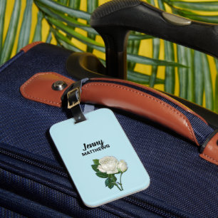 Vintage white roses custom name on blue luggage tag
