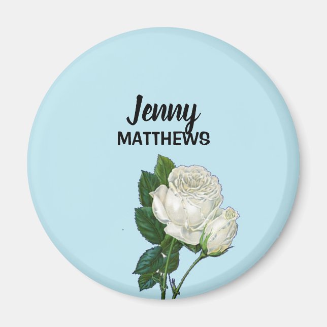 Vintage white roses custom name on blue magnet (Front)