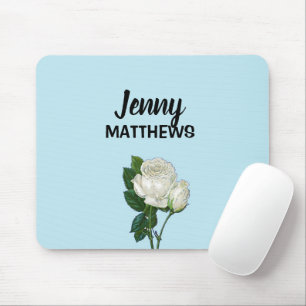 Vintage white roses custom name on blue mouse pad