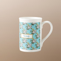 Vintage White Roses Pattern on Aqua Monogram