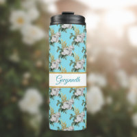 Vintage White Roses Pattern on Aqua Monogram