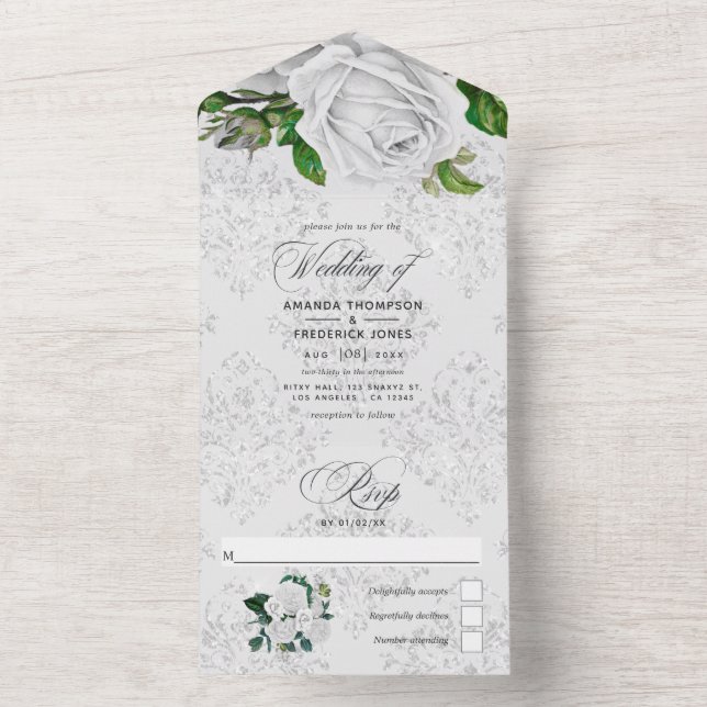 Vintage White Roses Wedding All In One Invitation (Inside)