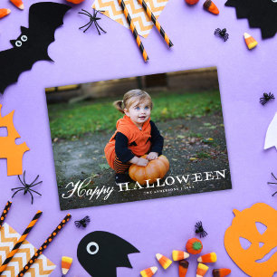 Vintage White Script Happy Halloween Photo  Holiday Card