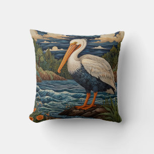 Vintage white sea bird seagull pelican cushion