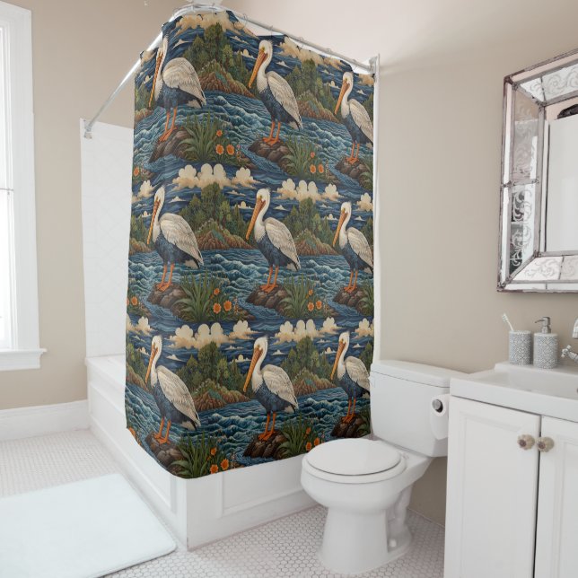 Vintage white sea bird seagull pelican shower curtain (In Situ)