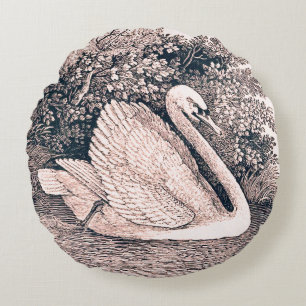 Vintage White Swan by Thomas Bewick Round Cushion