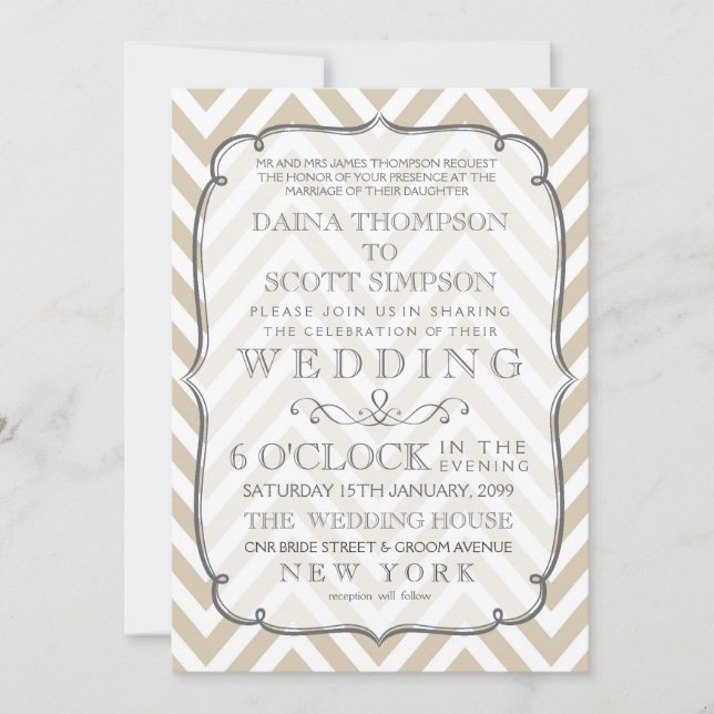 Vintage White Tan Neutral Chevron Stripes Wedding Invitation (Front)