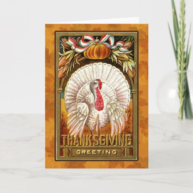 Vintage White Thanksgiving Turkey Holiday Card (Front)