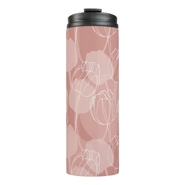 Vintage White Tulips Pink Background Thermal Tumbler (Front)