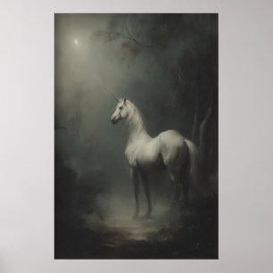 Vintage White Unicorn In Moonlit Dark Forest, Dark Poster
