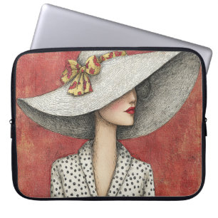 Vintage Wide Sun Hat Lady on Red Laptop Sleeve