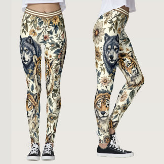 Vintage Wild Animal and Floral Pattern on White Leggings