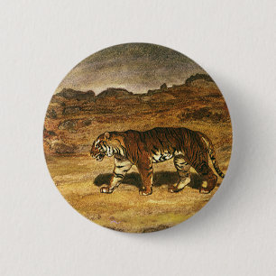 Vintage Wild Animal, Bengal Tiger Roaming Plains 6 Cm Round Badge
