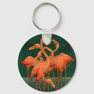 Vintage Wild Animal Birds, Tropical Pink Flamingos Key Ring
