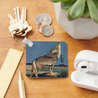 Vintage Wild Animal, Wolf Howling at the Moon Key Ring