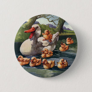 Vintage Wild Animals Birds, Ducklings Duck Family 6 Cm Round Badge
