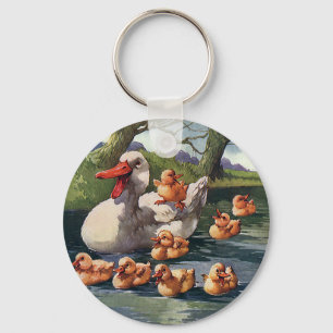 Vintage Wild Animals Birds, Ducklings Duck Family Key Ring