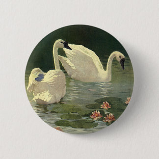 Vintage Wild Animals Birds, Victorian White Swans 6 Cm Round Badge