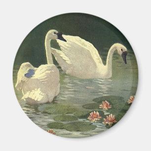 Vintage Wild Animals Birds, Victorian White Swans Magnet