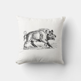 Vintage Wild Boar Drawing BW #2 Cushion
